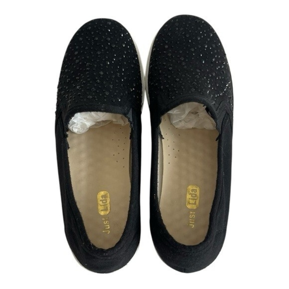Just Lida Black Canvas Rhinestone Studded Slip-On Loafers Flats US 8.5 - Picture 7 of 11